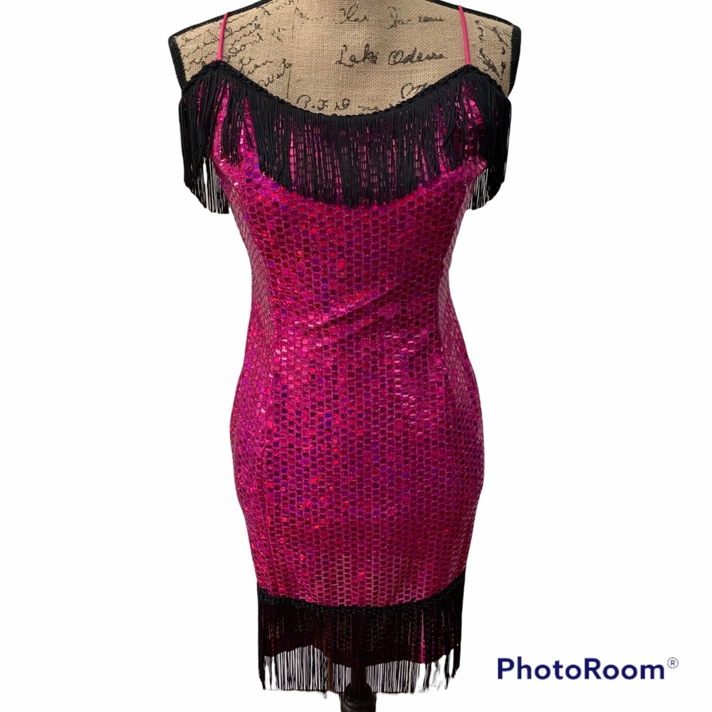 Vintage 1920s Flapper Fuchsia Sequin Black Fringe Spaghetti Strap Dress